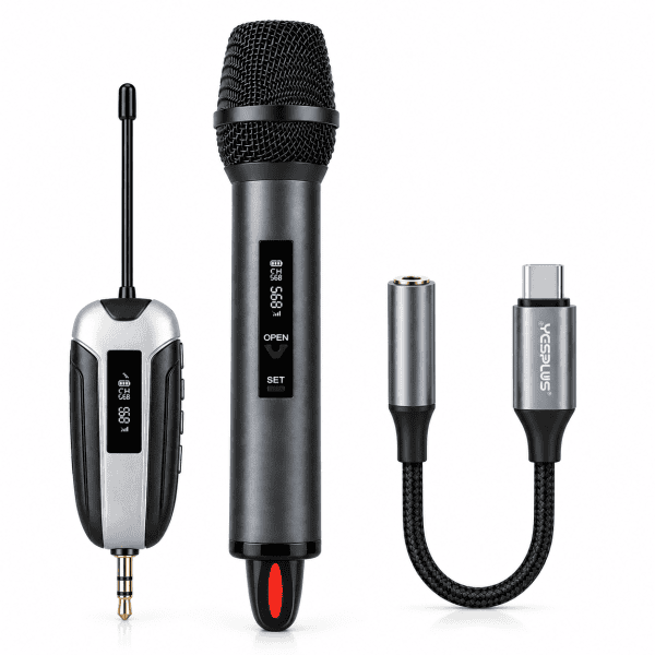 Shengfu TX-11 UHF Wireless Rechargeable Microphone with yes plus Type C converter.